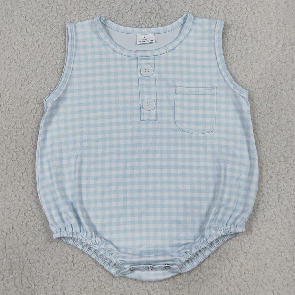 Baby Boys Rompers Sleeveless Light Blue Checked Button Pocket Rompers SR4232