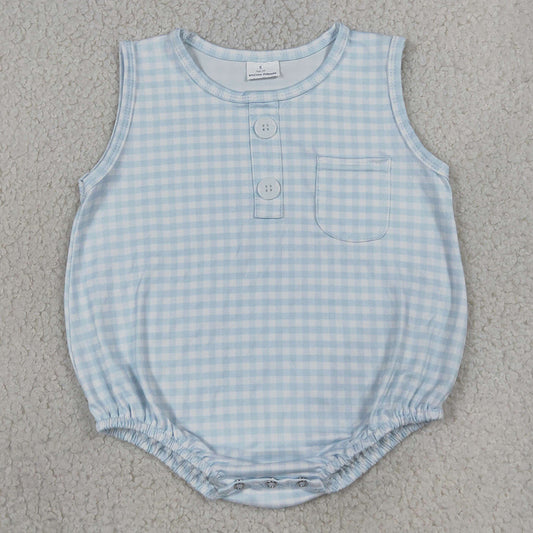 Baby Boys Rompers Sleeveless Light Blue Checked Button Pocket Rompers SR4232