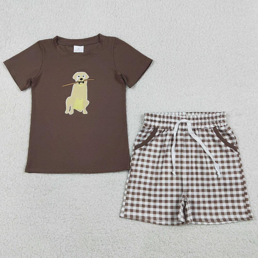 Baby Boys Clothes Embroidery Dogs Brown Top Checked Pockets Shorts Hunting Clothes Sets BSSO1637 1.8