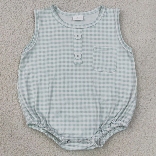 Baby Boys Rompers Sleeveless Light Green Checked Button Pocket Rompers SR4234