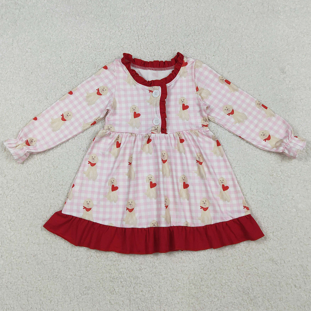 Baby Girls Dress Pink Checked Dogs Hearts Button Ruffle Valentine Knee Length Dress GLD1322 10.20