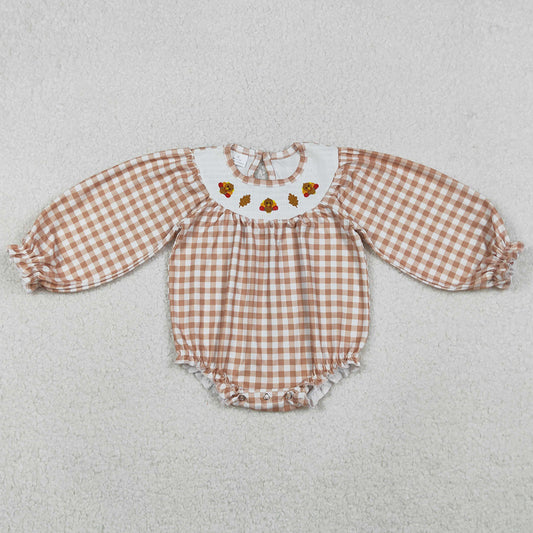 Baby Girls Smocked Turkey Leaves Khaki Checked Thanksgiving Ruffle Rompers LR2205 10.21