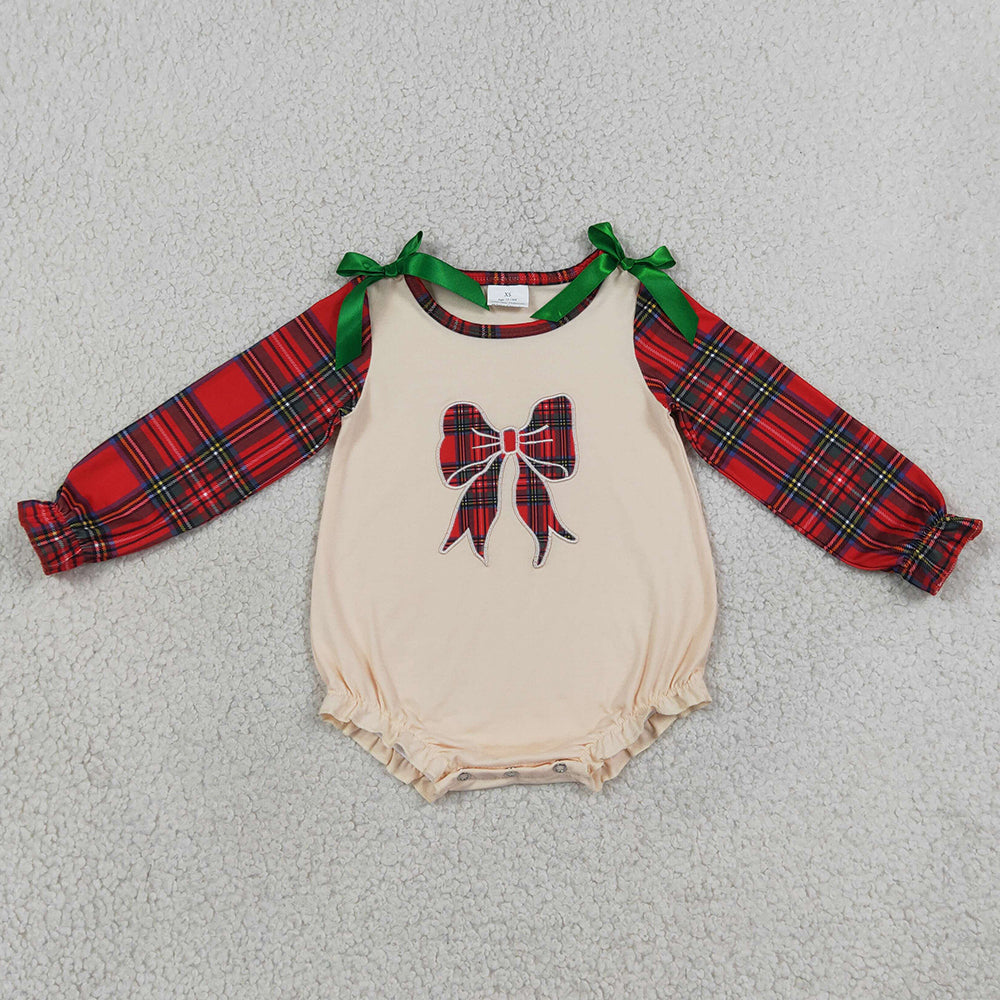 Baby Girls Rompers Embroidery Checked Bows Red Green Christmas Ruffle Rompers LR3163