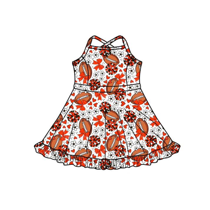 Preorder (moq 5)Baby Girls Strap Orange Bow Footballs Team Shorts Ruffle Knee Length Dress 1.13