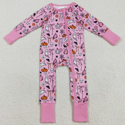 Baby Girls Pink Ghost Pumpkins Halloween Zipper Footie Rompers LR2405 8.5