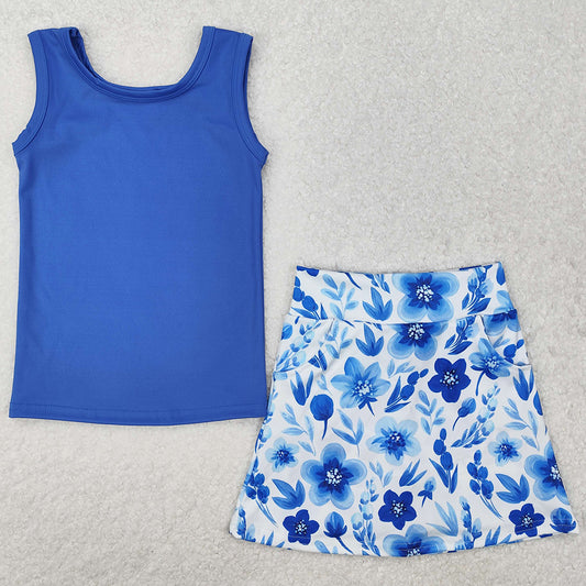 Baby Girls Clothes Blue Vest Flowers Pocket Skirt Skort Active Wear Sets GSD1595