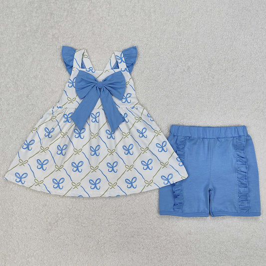 Baby Girls Clothes Blue Bows Tunic Tops Ruffle Shorts Sets GSSO2109