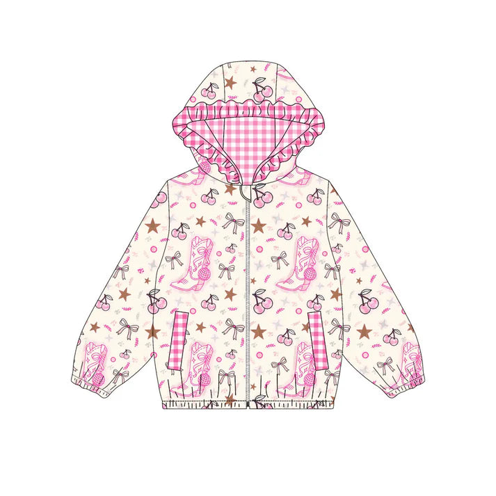 Preorder (moq 8)Baby Girls Pink Boots Cheers Pockets Zipper Ruffle Hoodies Jackets Top 9.8