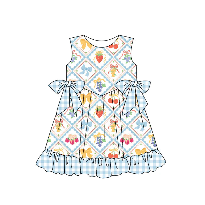 Preorder (moq 5)Baby Girls Blue Sleeveless Bows Strawberry Plaid Knee Length Dresses 4.24