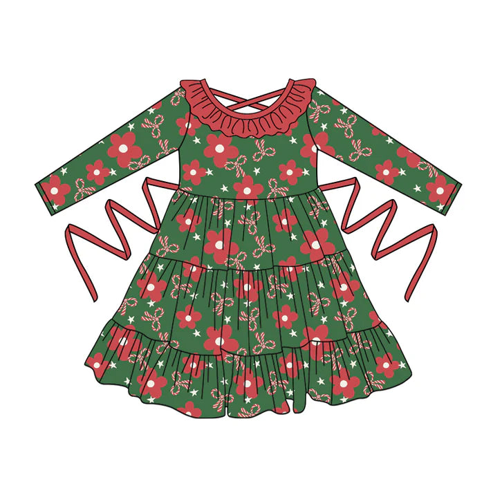 Preorder moq 5 Baby Girls Dark Green Long Sleeves Bows Flowers With Belt Ruffle Knee Length Dresses 5.2