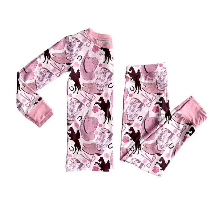 Preorder (moq 8)Baby Girls Hats Horse Rodeos Top Pants Western Pajamas Sets 9.11