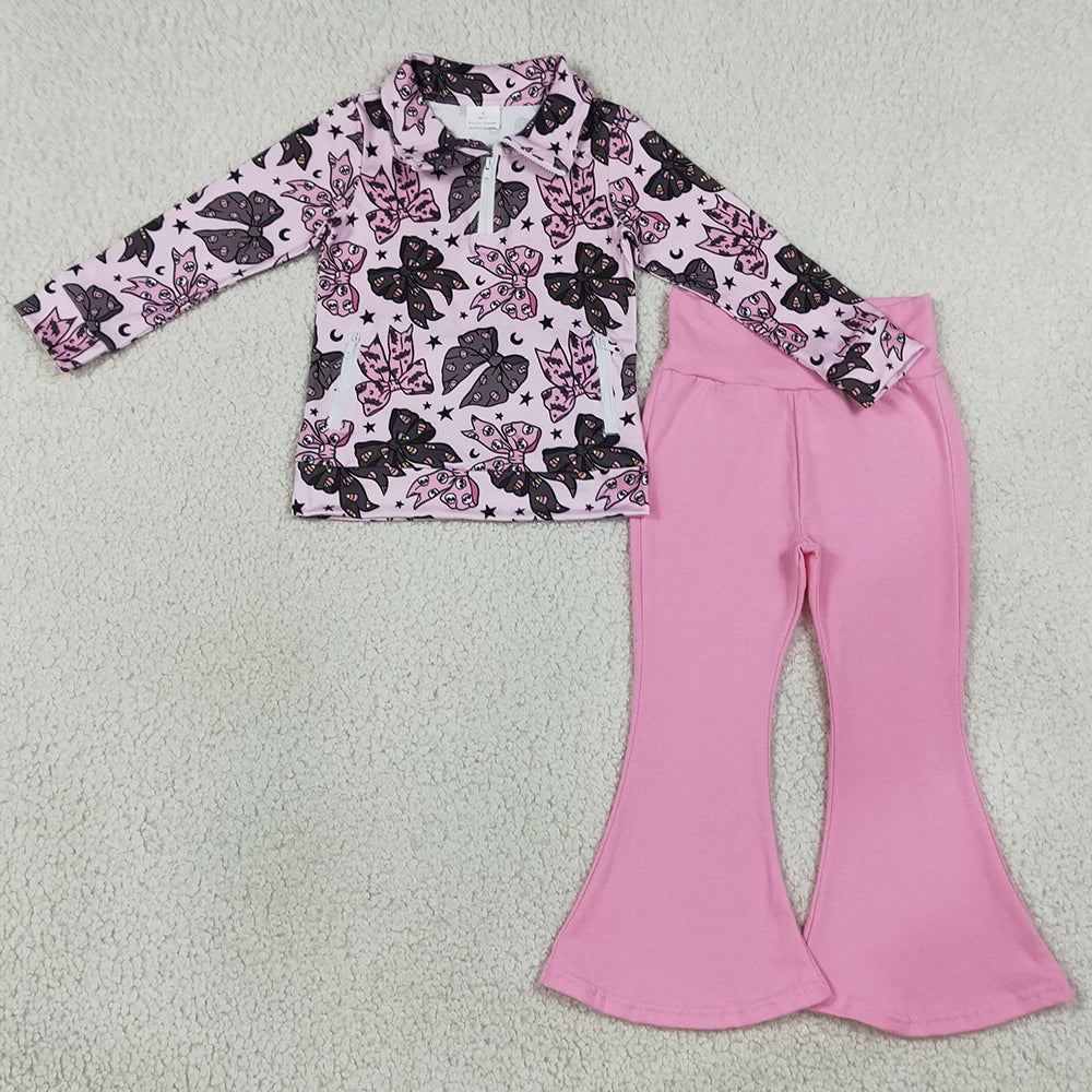 Baby Girls Clothes Bats Bows Zip Pockets Pullover Bell Bottom Pant Halloween Clothes Set GLP3507