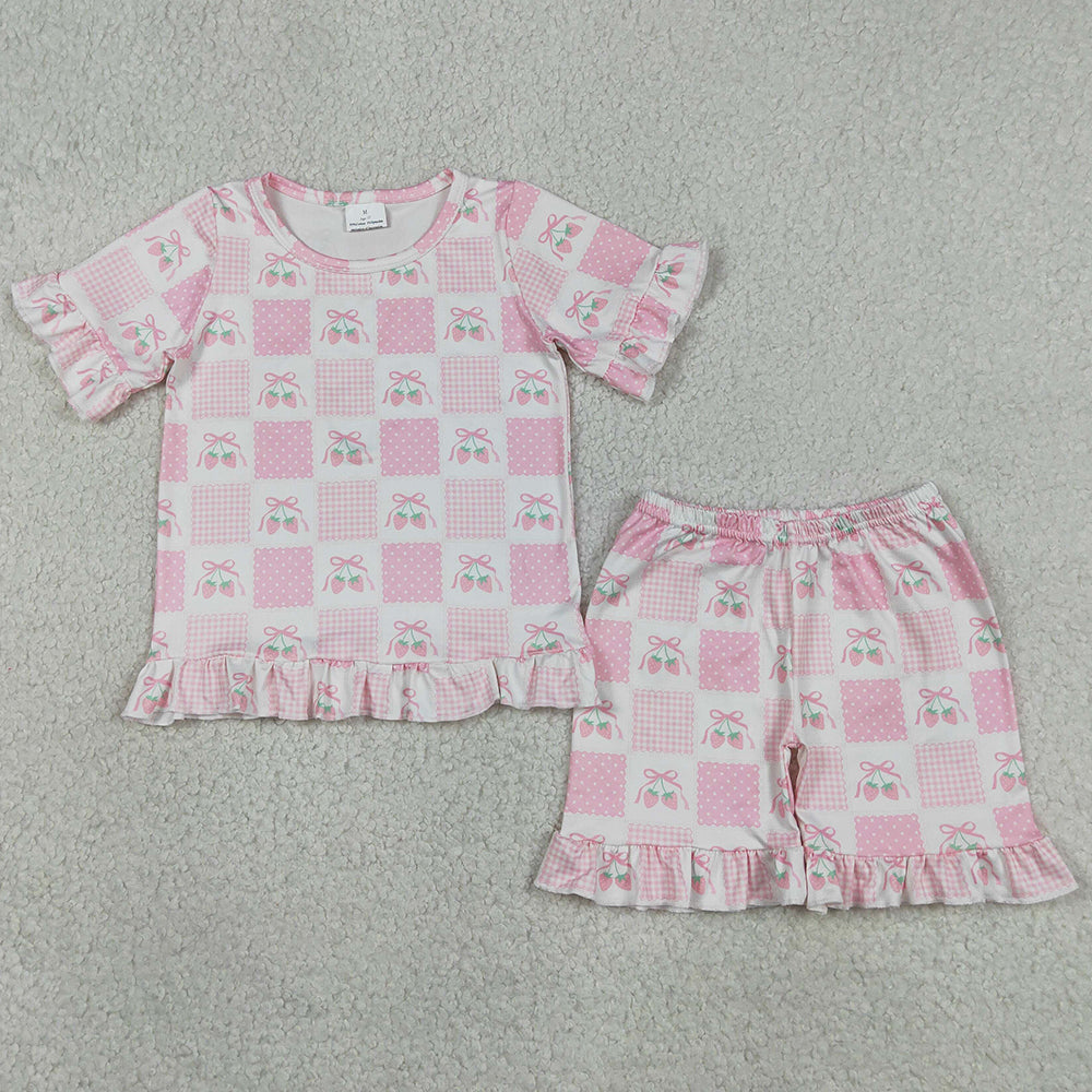 Baby Girls Clothes Short Sleeve Pink Bows Strawberry Checked Top Ruffle Short Clothes Sets GSSO3342