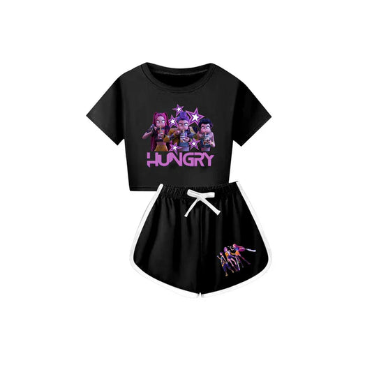 Preorder(moq 5) Baby Girls Cartoon Girls Hungry Top Shorts Black Clothes Sets 10.4
