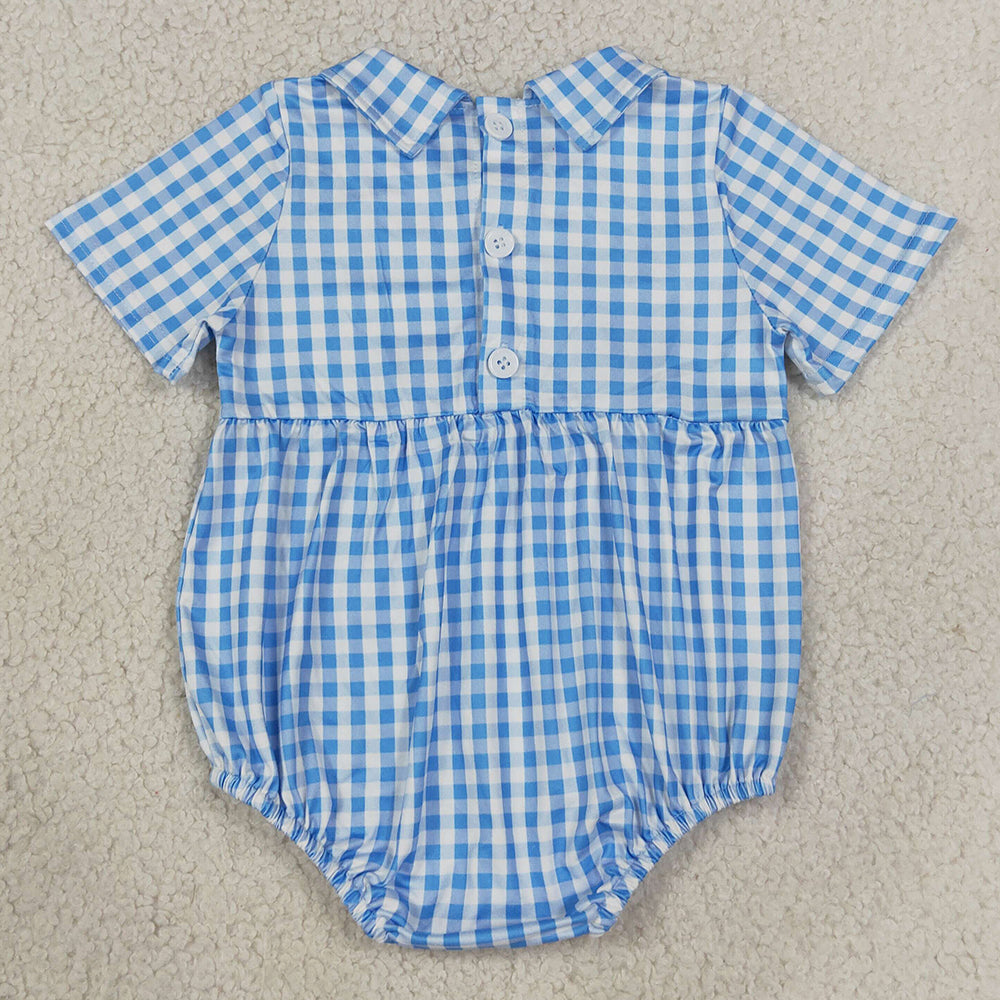 Baby Boys Rompers Smocked Baby Brother Short Sleeve Blue Checked Back Button Rompers SR4231