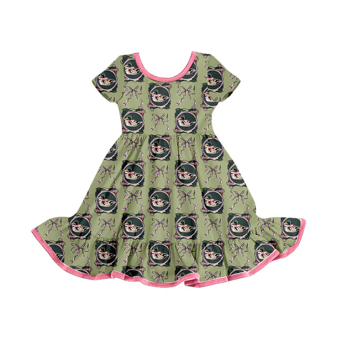 Preorder (moq 8)Baby Girls Bows Ducks Checked Western Ruffle Knee Length Dresses 9.19