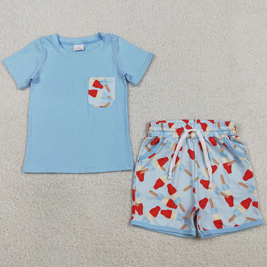 Baby Boys Clothes Blue Shirt Top Popsicle Pockets Shorts 4th of July Clothes Sets BSSO1844