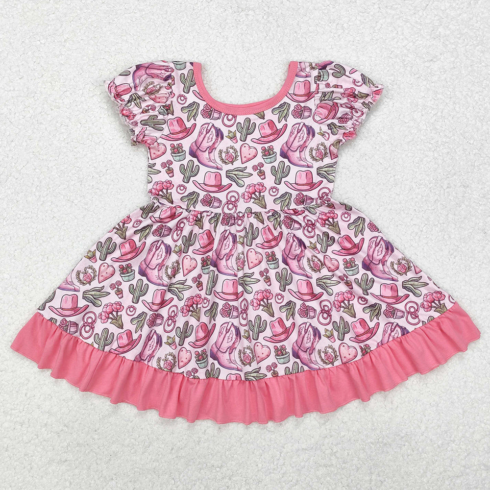 Baby Girls Dress Cactus Boots Hats Western Ruffle Knee Length Dresses GSD0759