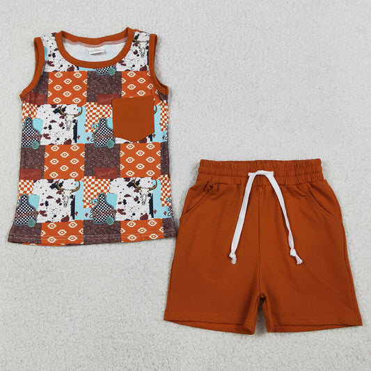 Baby Boys Clothes Aztec Null Skulls Checked Top Pockets Shorts Western Clothes Sets BSSO1773