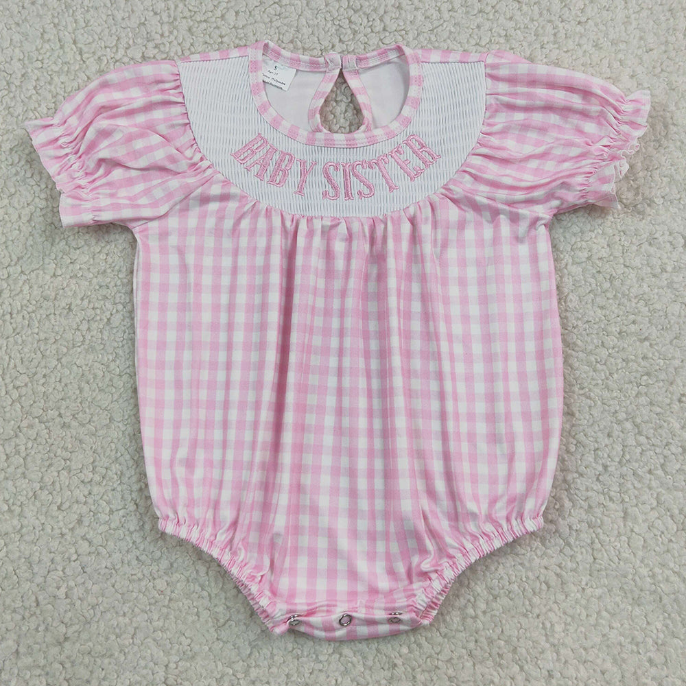 Baby Girls Clothes Smocked Baby Sister Short Sleeve Pink Checked Ruffle Rompers SR4230