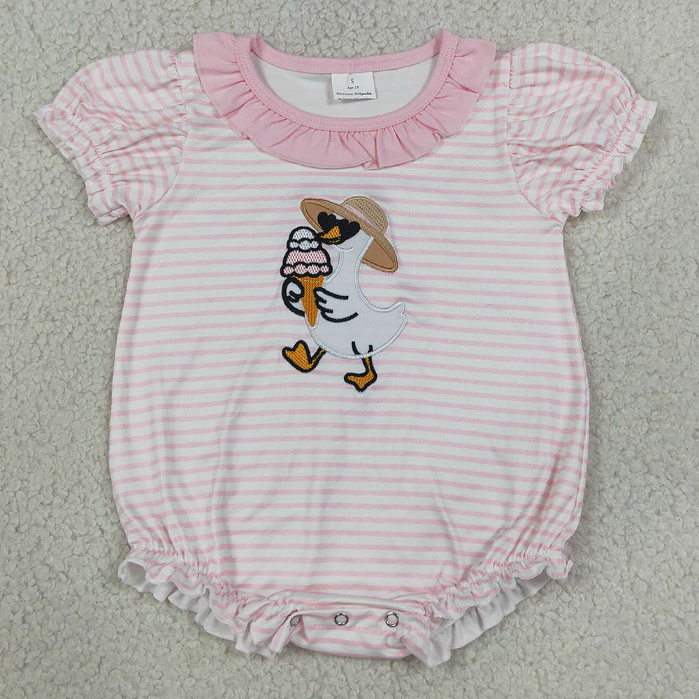 Baby Girls Rompers Embroidery Ice Cream Gooses Pink Stripe Ruffle Rompers SR4101