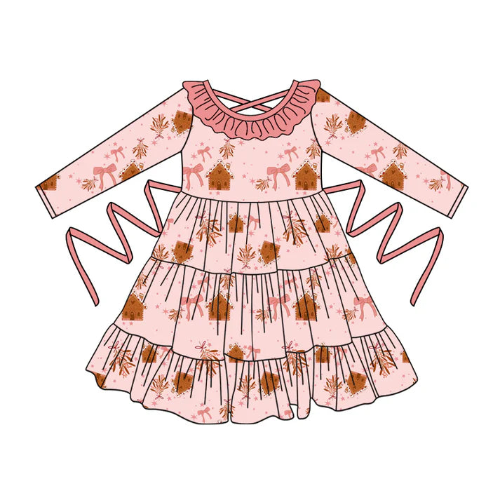 Preorder moq 5 Baby Girls Pink Long Sleeves Bows Houses With Belt Ruffle Knee Length Dresses 5.2