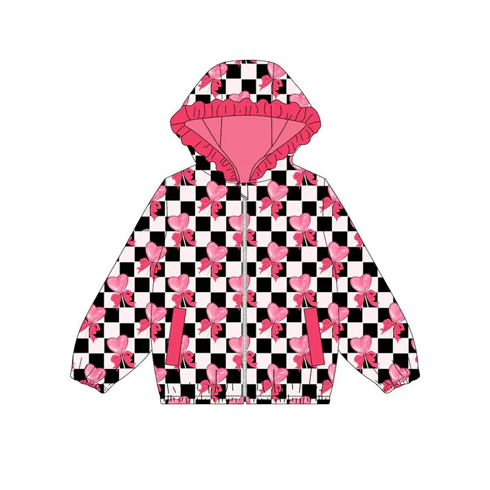 Preorder (moq 8)Baby Girls Black Checked Bows Hearts Pockets Zipper Ruffle Hoodies Jackets Top 9.8