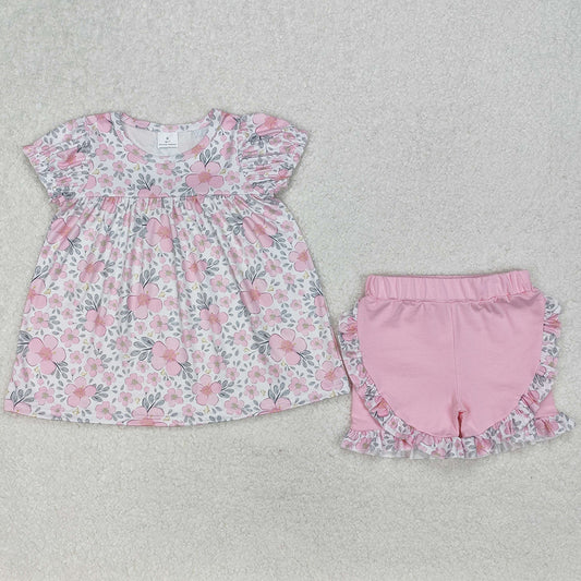 Baby Girls Clothes Pink Flowers Leaves Tunic Top Ruffle Shorts Clothes Sets GSSO2194