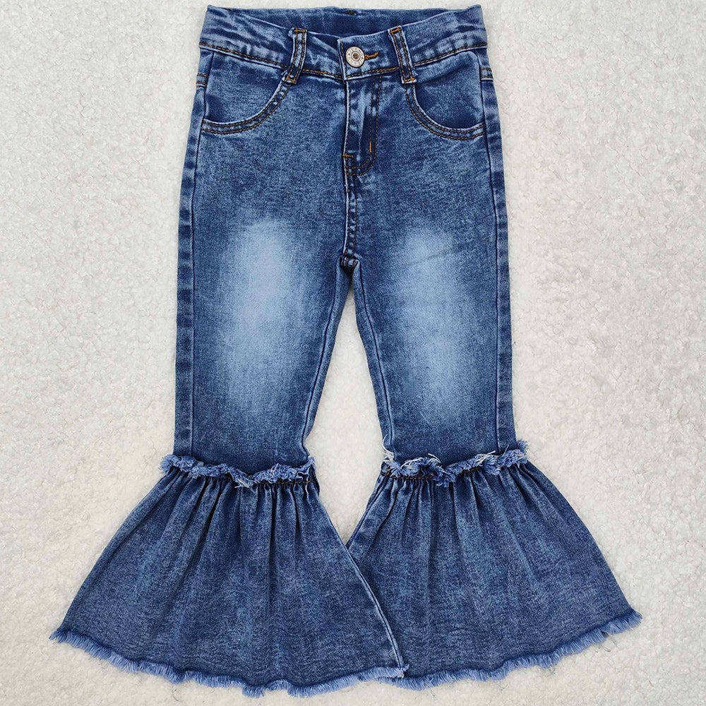 Baby Girls Jeans Navy Bleached Denim Flare Pants Jeans P0676