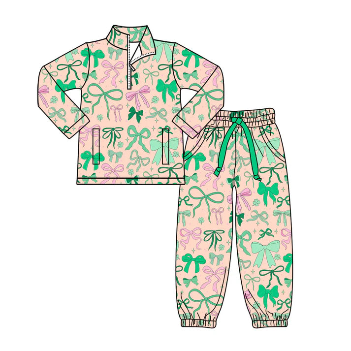 Preorder(moq 8)Baby Girls Green Pink Bows Clovers Zipper Pockets Pullovers Jogger St Patrick Clothes Set 9.29