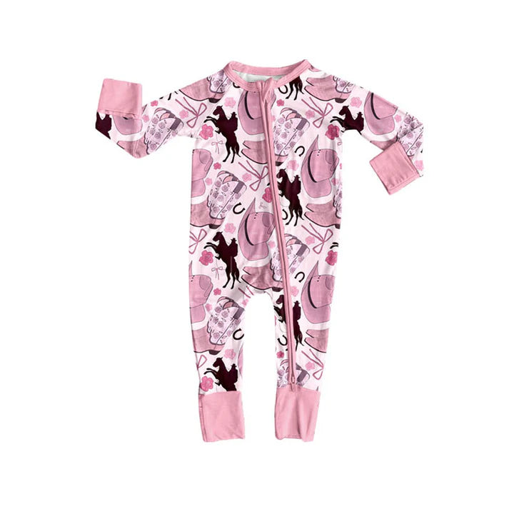 Preorder (moq 8)Baby Girls Hats Horse Rodeos Western Zipper Footie Rompers 9.11