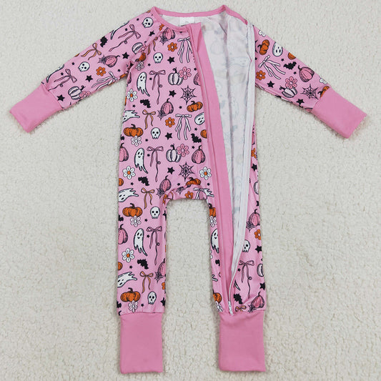 Baby Girls Pink Ghost Pumpkins Halloween Zipper Footie Rompers LR2405 8.5