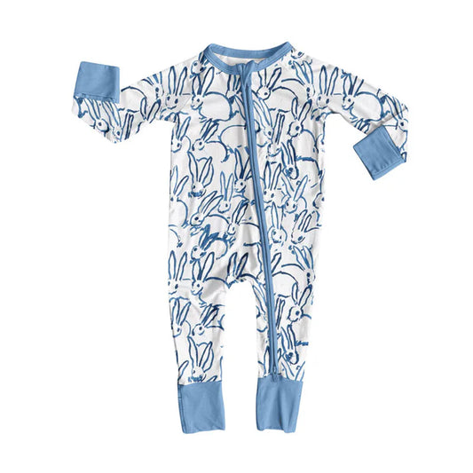 Preorder (moq 5)Baby Boys Blue Rabbits Plaid Easter Zipper Footie Rompers 10.23
