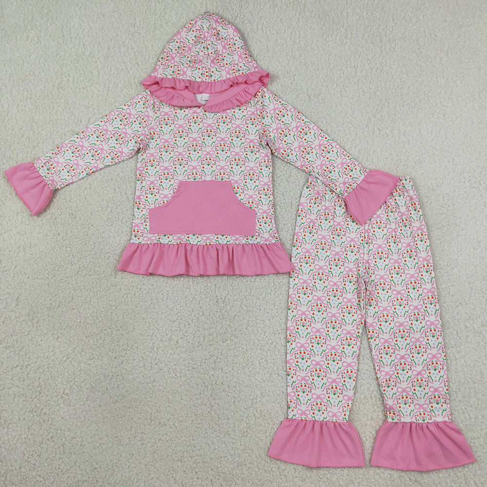 Baby Girls Clothes Bows Flowers Pocket Ruffle Hoodie Pants Clothes Sets GLP3520