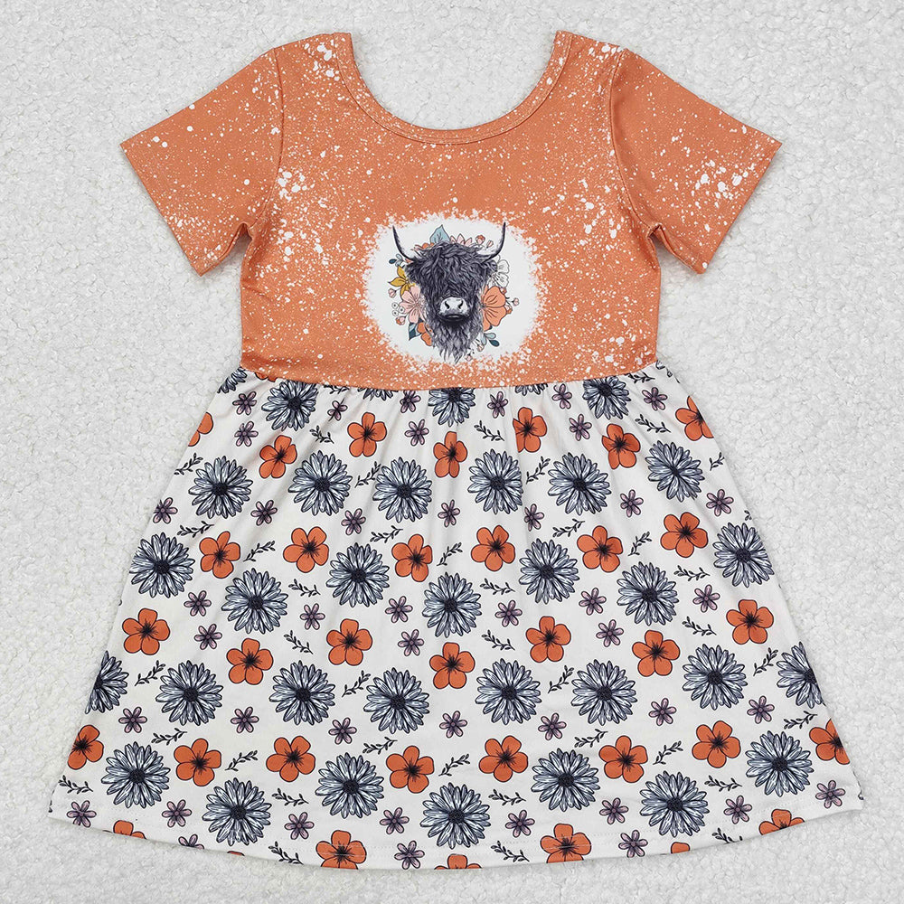 Baby Girls Dress Highland Cow Flowers Short Sleeve Knee Length Dresses GSD1253