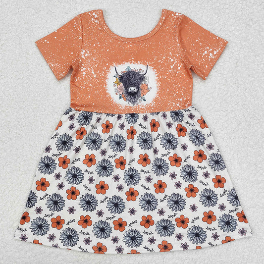 Baby Girls Dress Highland Cow Flowers Short Sleeve Knee Length Dresses GSD1253