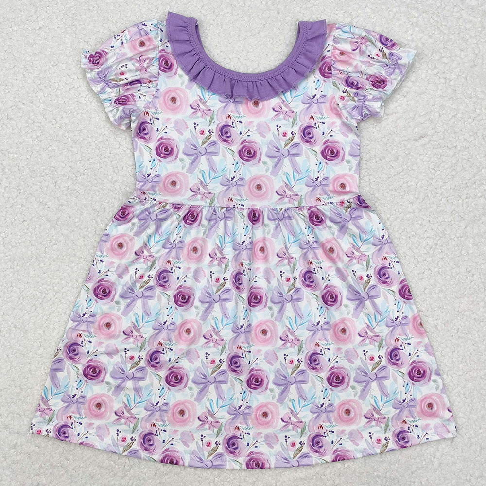 Baby Girls Dress Purple Flowers Bows Knee Length Dresses GSD1516