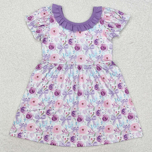 Baby Girls Dress Purple Flowers Bows Knee Length Dresses GSD1516