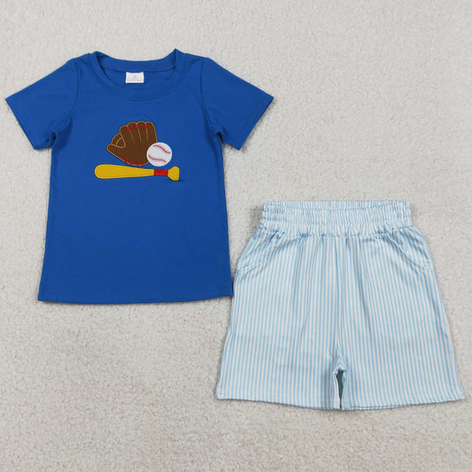 Baby Boys Clothes Embroidery Baseballs Blue Top Pockets Stripe Shorts Team Clothes Sets BSSO1670