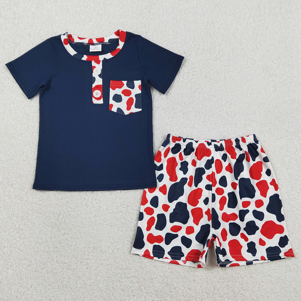 Baby Boys Clothes Red Blue Cow Print Pocket Button Top Shorts 4th of July Clothes Sets BSSO1783