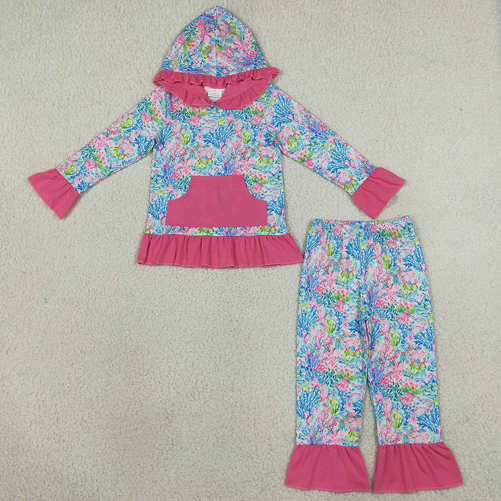 Baby Girls Clothes Watercolor Sea Plants Pocket Ruffle Hoodie Pants Clothes Sets GLP3518