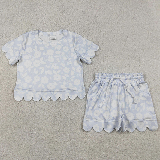 Baby Girls Clothes Light Blue Flowers Top Pockets Short Scallop Clothes Sets GSSO3730