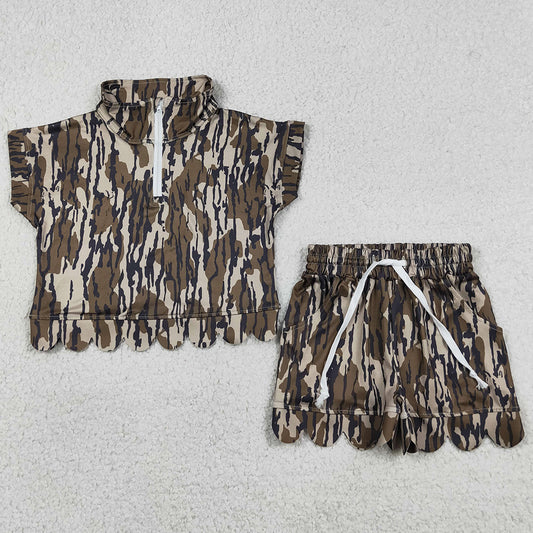 Baby Girls Clothes Southern Olive Wood Camo Zip Top Pockets Short Scallop Clothes Sets GSSO3563