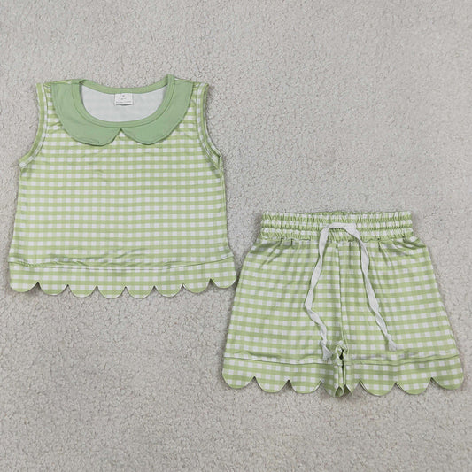 Baby Girls Clothes Sleeveless Green Checked Collar Tops Shorts Scallop Clothes Set GSSO3398