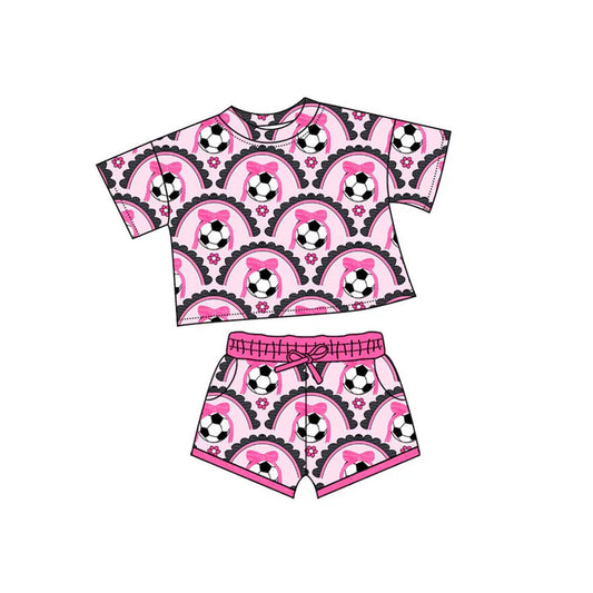 Preorder(moq 5) Baby Girls Bows Footballs Checked Top Pockets Shorts Team Clothes Sets 10.4