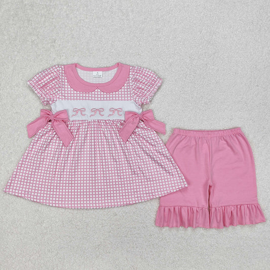 Baby Girls Clothes Checkered Bows Embroidery Tunic Tops Ruffle Shorts Sets GSSO1879