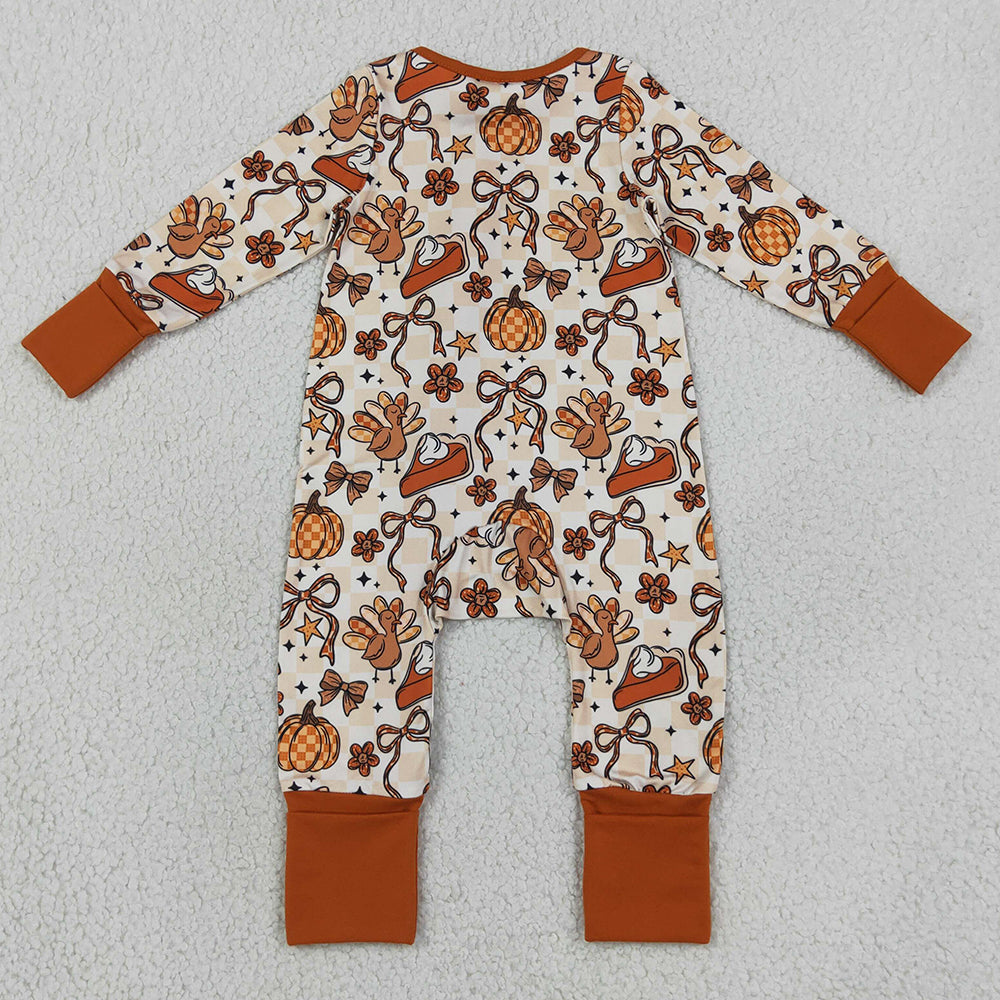 Baby Girls Rompers Turkey Pumpkins Bows Thanksgiving Zip Rompers LR3119