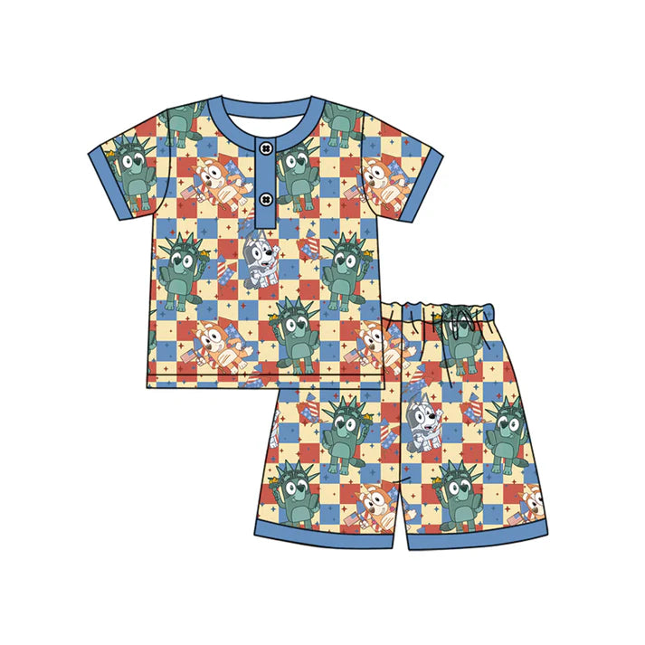 Preorder moq 5 Baby Boys Short Sleeves Cartoon Dogs Flags Button Top Short 4th Of July Pajamas Set 4.12