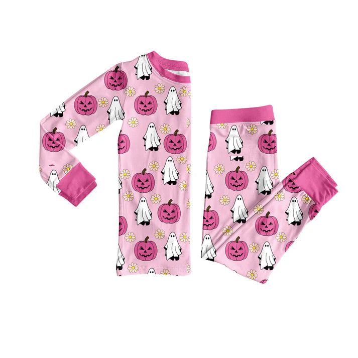 Preorder (moq 5)Baby Girls Pink Ghost Pumpkins Top Pant Halloween Pajamas Set 8.4