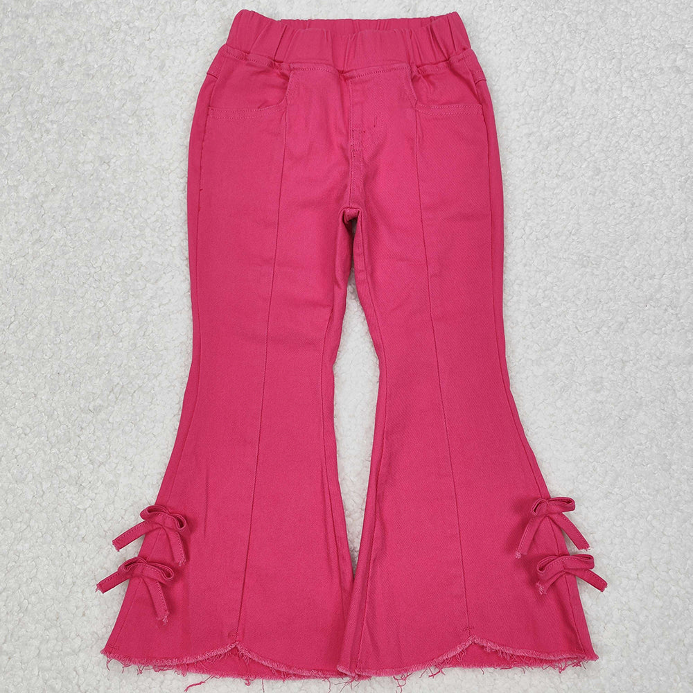 Baby Girls Denim Pane Pink Bows Denim Flare Pants Jeans Bell Bottoms P0731